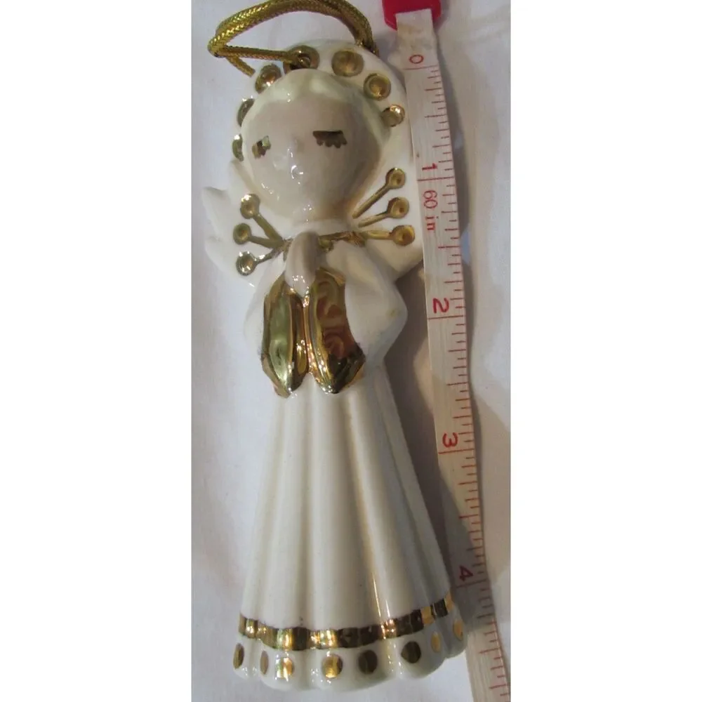 Vintage Angel Ornament White and Gold ceramic praying blonde
